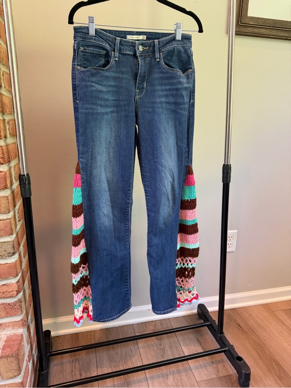 Dark Blue Upcycled Levi’s Denim Jeans with Crochet Side Flare Panels festival